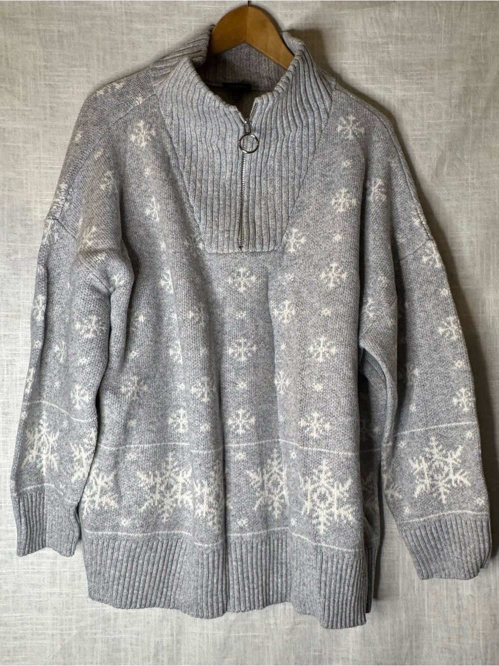Talbots Gray and White Snowflake Zip-Up Sweater